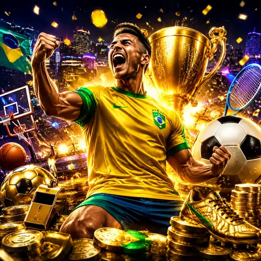 Estádio de futebol iluminado com placar de odds sobreposto no gramado